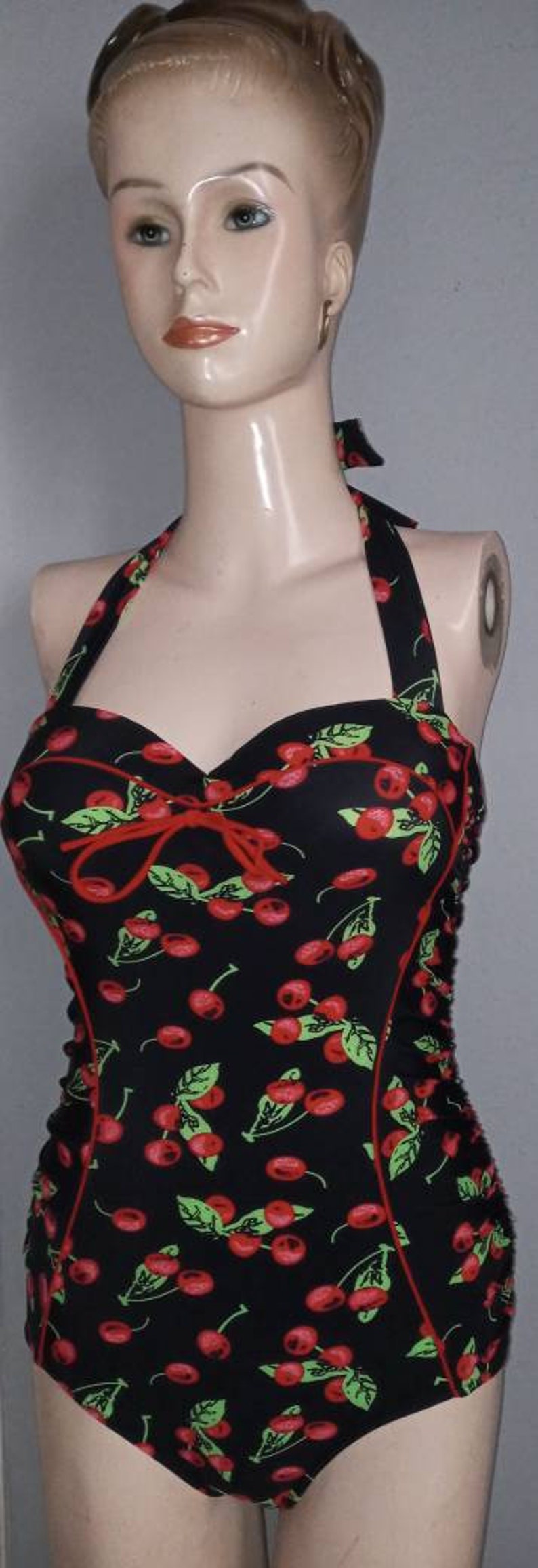 Pinup cherry bathing suit swimwear vintage inspired high top Waist 26 beach wear Bust 32 female dots rockabilly Size XS ba\u00f1ador