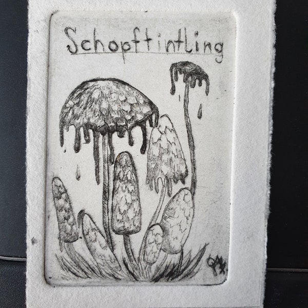 Kupferdruck edition von 50, Etching Pilze Schopftintling ATC artist trading card, genuine handmade paper