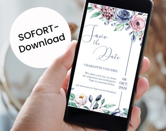 Digitale Save the Date Karte - Loveline / Elektronische Save the Date Vorlage / Florales Design / Direkter Download