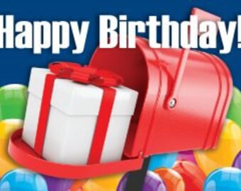 May include: A red mailbox with a white gift box with a red ribbon and bow inside. The mailbox is surrounded by colorful balloons. The text "Happy Birthday!" is above the mailbox.