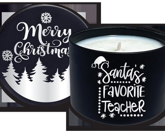 Engraved Scented Holiday Candle - "SANTAS FAVORITE TEACHER" Holly and Reindeer