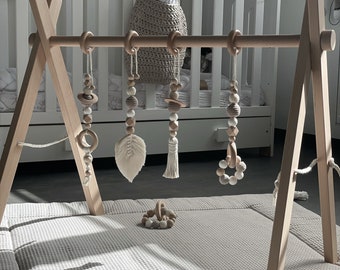 PLAY ARCH made of wood with four pendants "ＢＯＨＯ" handmade, baby gym with macrame, play trainer, play trapeze for changing table, baby toy