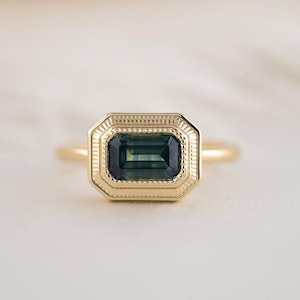 Teal Sapphire Ring: Octagon Sterling Silver, Gold Plated