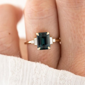 Teal Sapphire Ring: Octagon Lab Sapphire, Sterling Silver & American Diamond