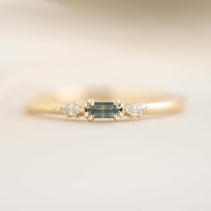 Anillo de zafiro verde azulado: plata de ley 925, detalles de diamantes americanos, anillo de compromiso, joyería vintage imagen 1