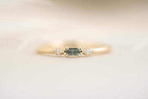 Teal Sapphire Ring: 925 Sterling Silver, American Diamond Accents engagement ring vintage jewelry