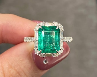 Anillo de compromiso de esmeralda colombiana – Plata de ley estilo vintage, talla esmeralda, piedra de nacimiento de mayo