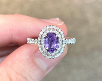 Purple Sapphire Ring: Oval Gem, Sterling Silver, American Diamond Halo engagement rings vintage jewelry