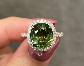 Oval Green Tourmaline Ring: 925 Sterling Silver, American Diamond Accents