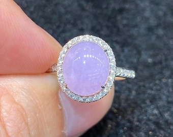Anillo de jadeíta púrpura con cabujón: anillos de compromiso de plata esterlina y halo de diamantes americanos, joyería vintage.