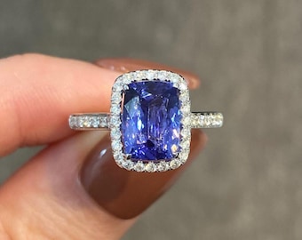 Cushion Cut Tanzanite Ring: 925 Sterling Silver, American Diamond Halo engagement rings vintage jewelry