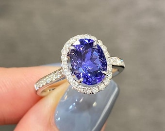 Anillo vintage de tanzanita ovalada: plata de ley 925, anillos de compromiso con halo de diamantes americanos, joyería vintage
