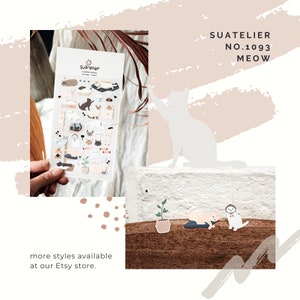 May include: A sheet of colorful cat stickers with various poses and expressions. The stickers are on a white background with the text "Suatelier" and "No. 1093 Meow".