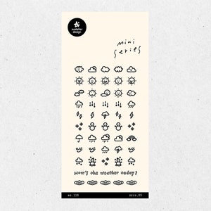 Puede incluir: Una hoja de ilustración en blanco y negro con iconos del tiempo. Los iconos incluyen sol, nubes, lluvia, nieve, rayos y paraguas. El texto "How's the weather today?" está en la parte inferior de la hoja.