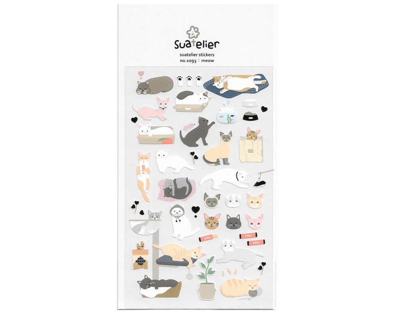 May include: A sheet of stickers featuring various illustrations of cats in different poses and activities. The stickers are on a white background and include a variety of colors, including gray, white, orange, and pink. The text "Suatelier" and "no.s093 : meow" is printed on the sheet.