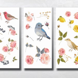 Watercolour Bird and Flower Stickers | Bird and Rose Die-cut Stickers | Washi Stickers