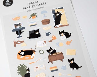 Suatelier Naughty Black & White Cat Stickers | Matte Coated Paper | No.1139 Cat's Catch