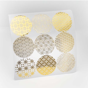 Japanese Wagara Pattern Gold Foil Round Stickers for sealing gift, letter, envelope and box | Pack of 5 | Gold Metallic Seal Stickers
