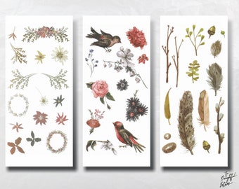 Aquarell Wilde Wald Washi Aufkleber | Vogel und Blumen gestanzte Aufkleber