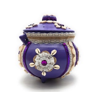Santeria Sopera: Babalu Aye/San Lazaro Painted Clay Pot with Lid - Made in USA - Purple