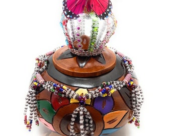 AGAYU - Santeria Lebrillo de Agayu Set Hand Painted, Santeria Bead Maso and Metal Decorated Crown