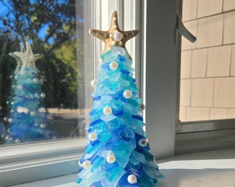 Árvore de vidro mar azul com decoração costeira de pérolas