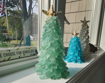 Presente de decoração costeira de árvore de vidro verde mar espuma do mar