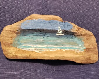 Pintura em madeira flutuante cena de praia decoração costeira