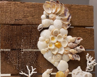 Mosaico costeiro de cavalos-marinhos, conchas de coral, decoração de parede