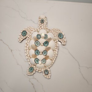 sea turtle seashell mosaic white blue coastal decor