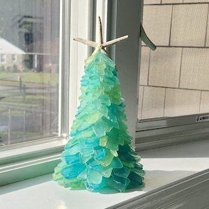 Blue green yellow sea glass tree coastal decor gift