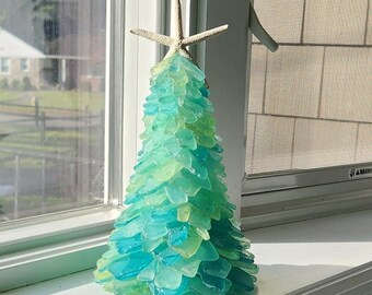 Presente de decoração costeira de árvore de vidro mar azul verde amarelo