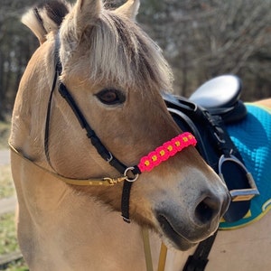 May include: A light brown horse with a blonde mane and tail wearing a black bridle with a pink and gold braided noseband. The horse is wearing a saddle and a blue and green saddle pad.