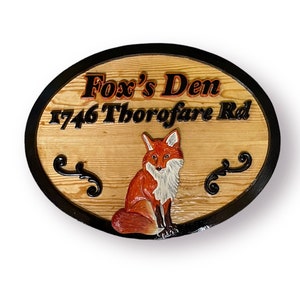 Custom Wood Carved Fox House Sign - Personalized Address Plaque