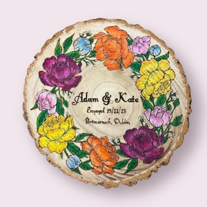 Personalized Wood Burning: Floral Peony Wreath, Engagement Gift
