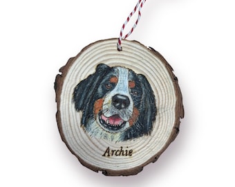 Custom Pet Portrait Ornament: Hand-Burned Wood Slice Decoration