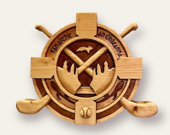 Wood GAA crest hurling crest Gaelic football crest Glen rovers gaa wood carving gaa logo custom wood sign Irish gifts sports gifts
