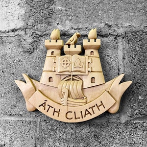 Hand Carved Dublin GAA Crest: Lime Wood Gaelic Football Logo