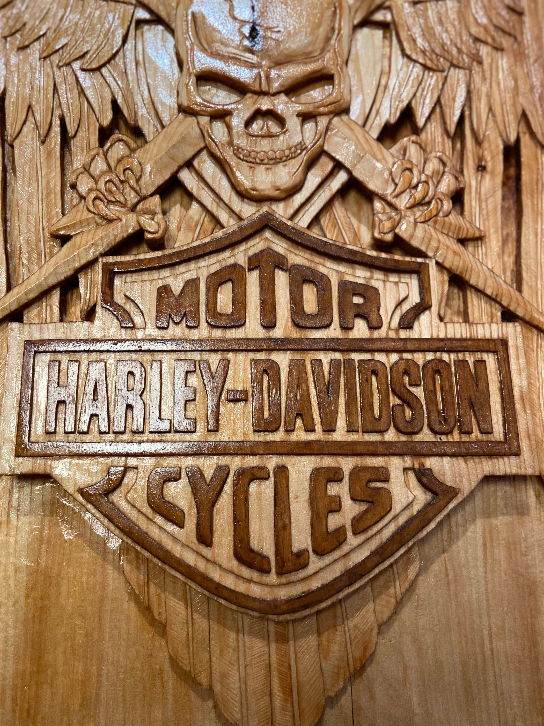 Hand Carved Harley Davidson Wood Wall Art: Motorcycle Biker