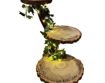 Three tier log slice cake stand rustic cake stand wood cake stand log cake stand tree branch cake wedding cake stand wedding platter