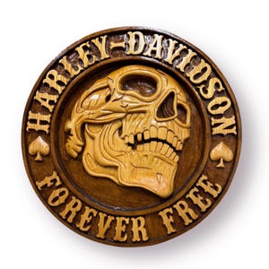 Hand Carved Harley Davidson Skull Wall Art: Motorcycle Sign