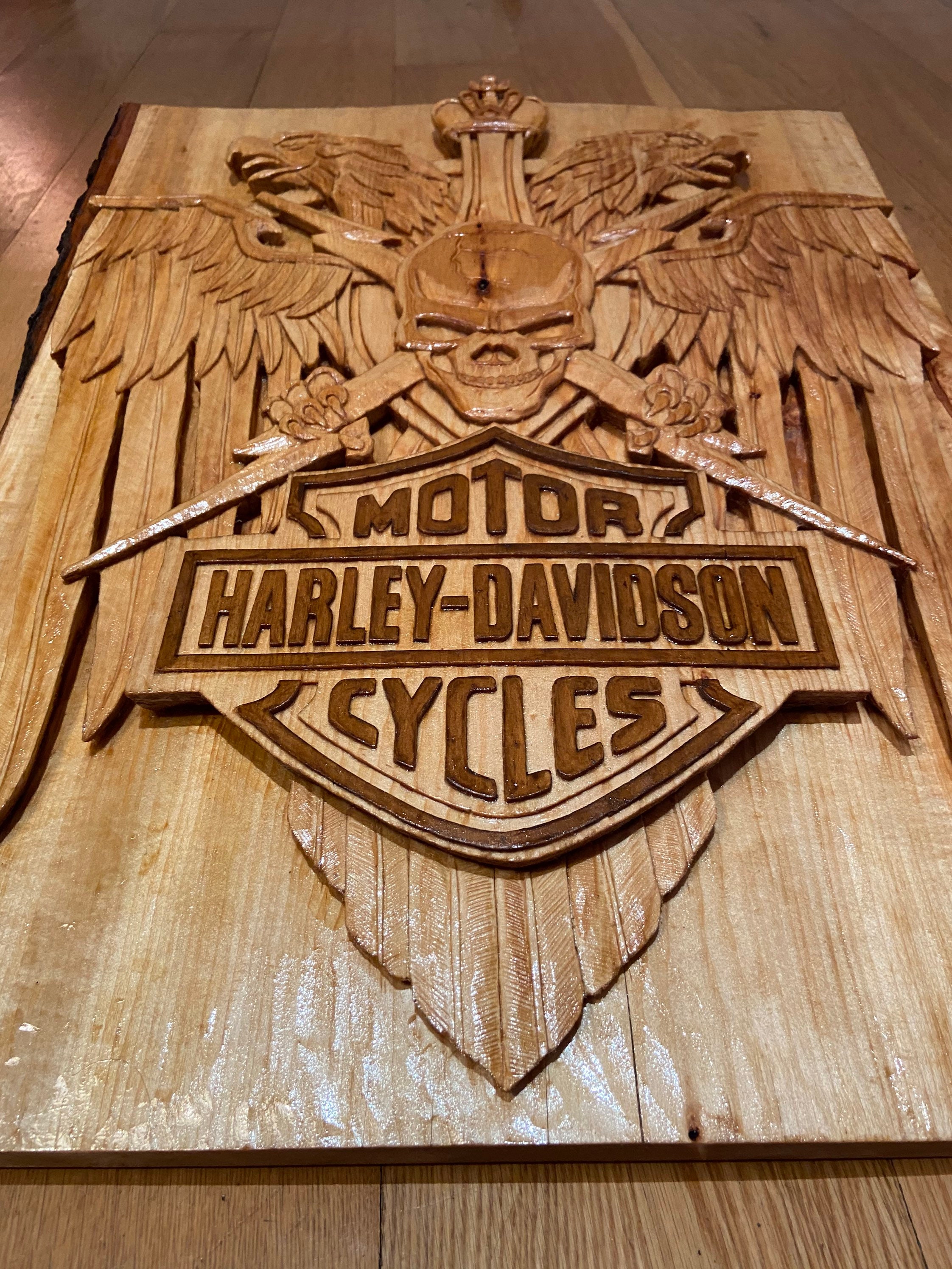 Hand Carved Harley Davidson Wood Wall Art: Motorcycle Biker