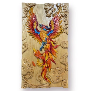 Phoenix wood carving, phoenix art, phoenix painting, mythical art, mythology, bird art, phoenix rising, wood art, fine art, wall centrepiece
