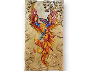 Hand Carved Phoenix Wood Art: Large Mythology Wall Decor