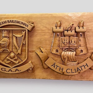 Hand Carved GAA Crest Wood Sign: Ballymun Kickhams & Dublin