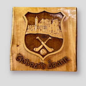 Hand carved Tipperary GAA crest wall plaque wood carving gaelic football hurling gifts croke park club GAA crest county GAA Irish gifts