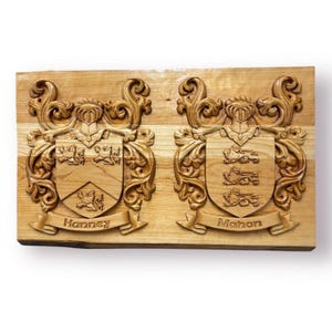 Double coat of arms wall hanging wood coat of arms family crest wedding gift bride and groom coat of arms family heirloom ancestry heraldry