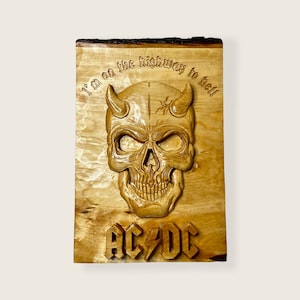 Hand Carved AC/DC Skull Sign: Heavy Metal Music Decor