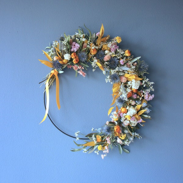 Spring hoop made from dried flowers, Springtime hoop with dried flowers