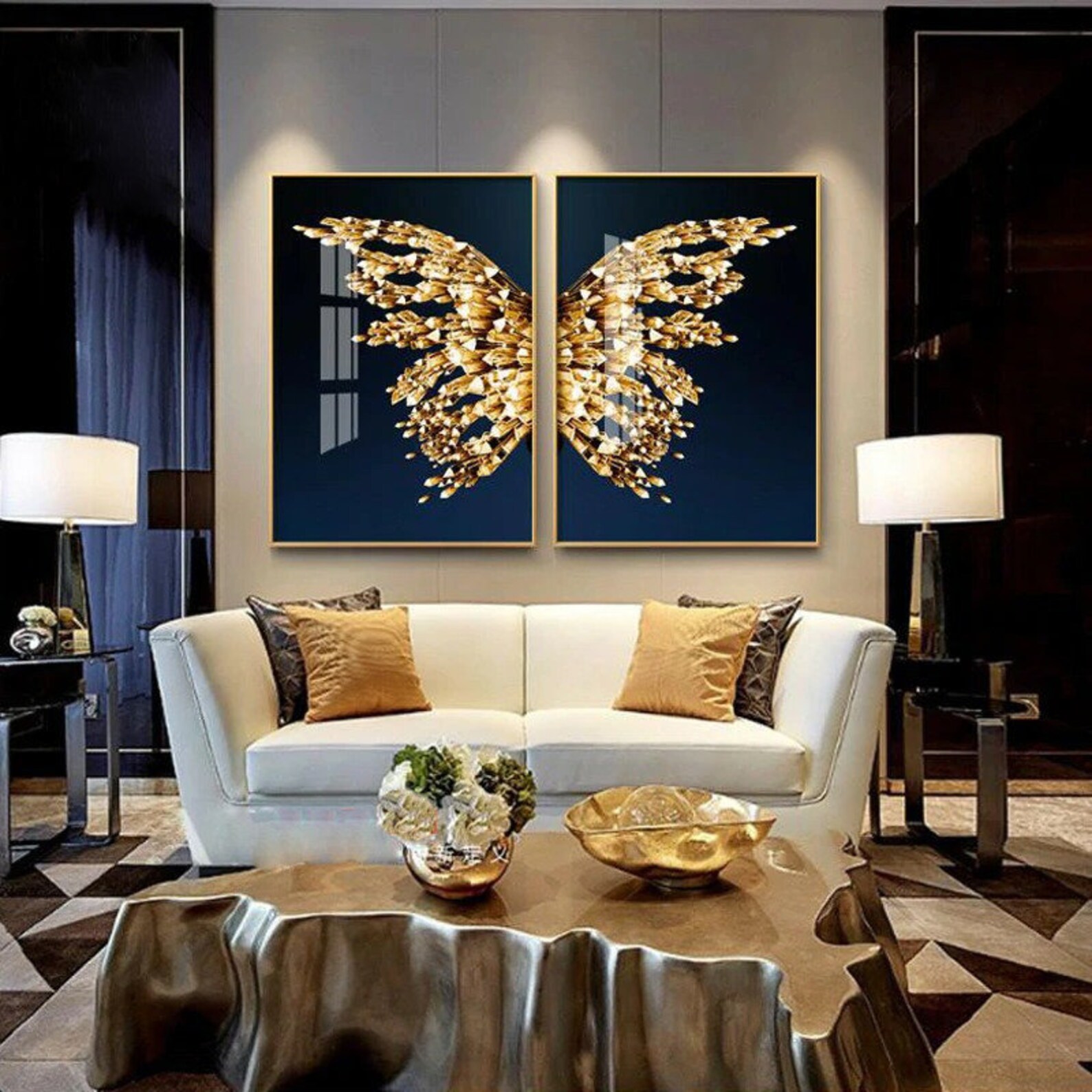 Butterfly Art Print Set of 2 Golden Butterfly Wall Art Canvas Etsy
